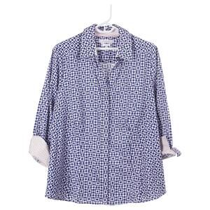 Foxcroft NYC Shirt 16W Wrinkle Free Fitted Blue Geometric Print Button Up Cotton